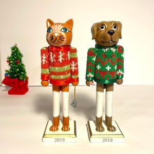 Cat and Dog Ugly Christmas Sweater Nutcrackers, Wooden.   Year 2019